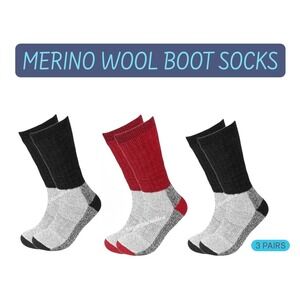 Merino Wool Thermal Boot Socks (3 Pairs) Temp -25° Unisex Black/Red‎ 13-15